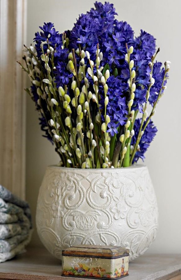 Vrbové větvičky, lidově zvané kočičky, jsou symbolem jara. V aranžmá na fotografii jsou doplňkem sytě fialových hyacintů.